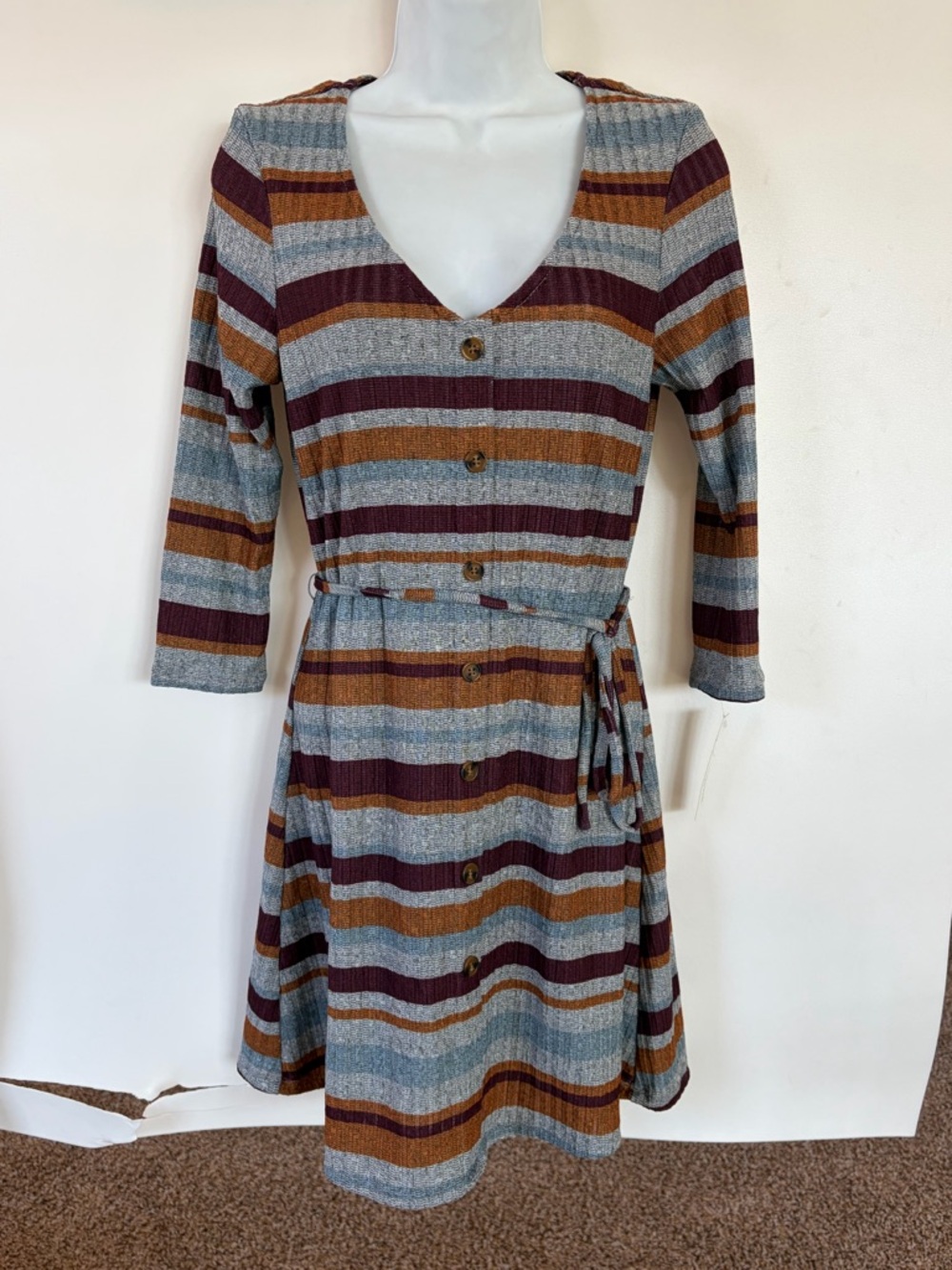 Speechless sweater Dress Striped V-Neck in Gray, Burgundy & Brown Small & Medium